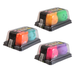 Three sets of colorful dice in clear plastic packaging on a white background