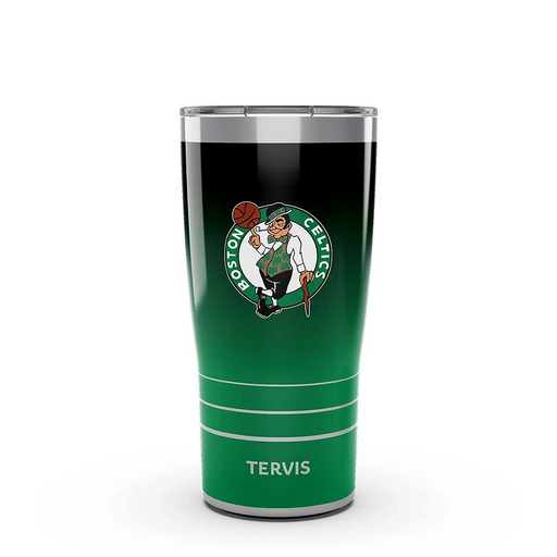 Tervis stainless steel tumbler with Boston Celtics logo and green to black ombre gradient design with slider lid