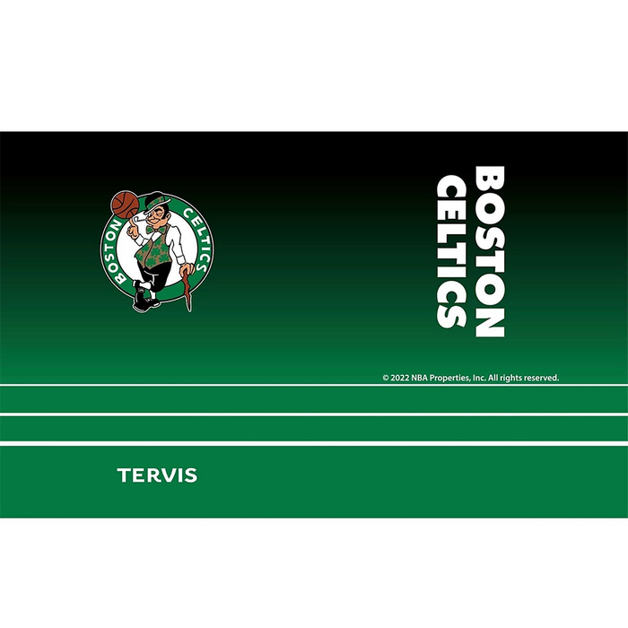 Tervis NBA Boston Celtics ombre tumbler wrap design featuring team leprechaun logo and Celtics wordmark on green gradient background