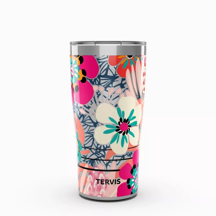 Tervis Bright Wild Blooms Stainless Steel Tumbler with Slider Lid – 20 oz insulated floral travel cup featuring vibrant pink, coral, teal, and cream flowers on a navy background.