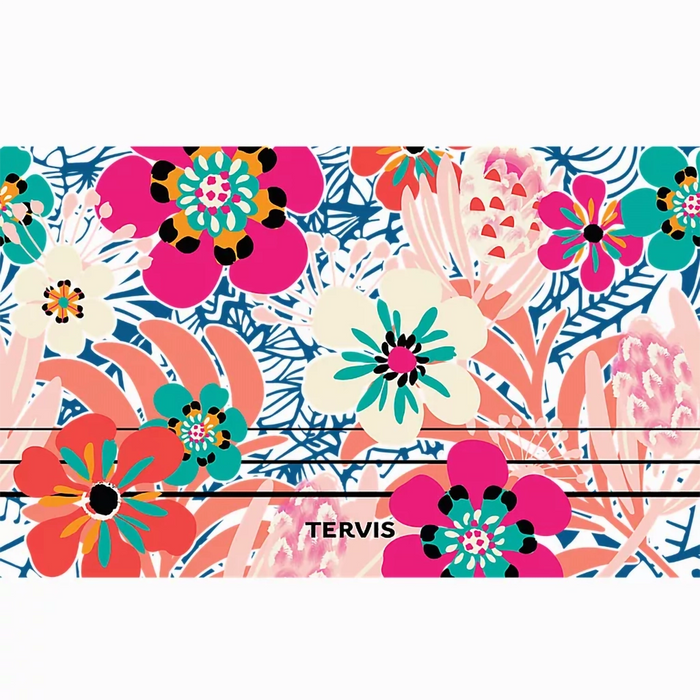 Bright Wild Blooms floral pattern wrap design for Tervis Stainless Steel 20 oz Tumbler – colorful pink, teal, cream, and coral flowers with slider lid, eco-friendly insulated drinkware.