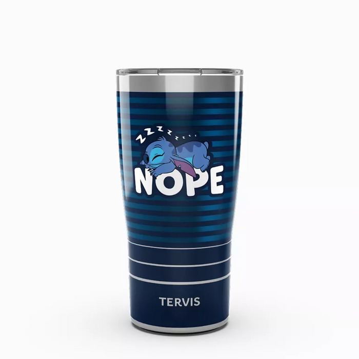 Tervis x Disney Lilo and Stitch Nope 20 oz stainless steel tumbler with Stitch sleeping design on navy blue stripes