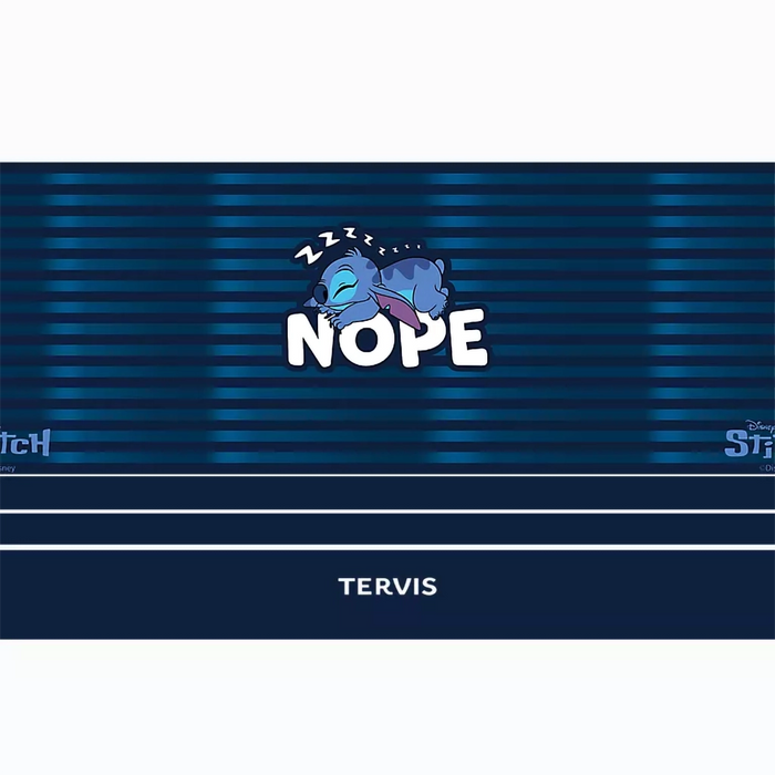 Disney Stitch Nope tumbler full wrap design by Tervis, featuring Stitch sleeping with NOPE text on dark blue striped background