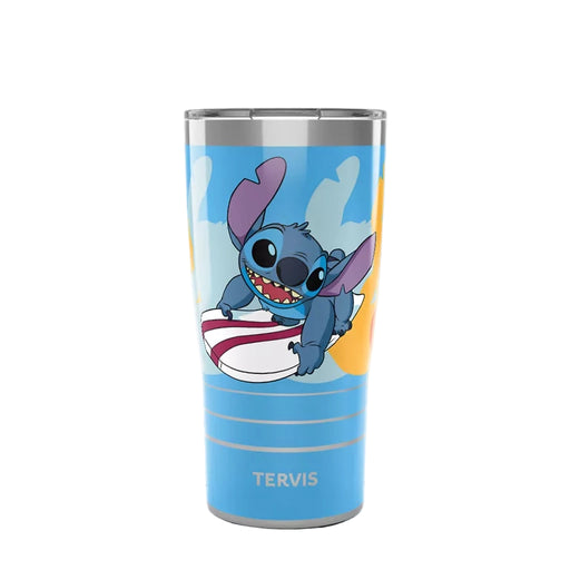 Tervis Disney Surfin’ Stitch Tumbler featuring Stitch surfing on a wave with a blue background.