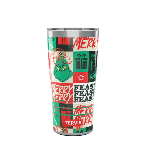 Front view of Tervis Grinch “Merry Feast” tumbler featuring colorful holiday design.