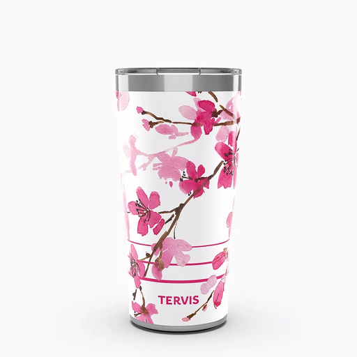 Tervis Japanese Cherry Blossom Tumbler featuring pink watercolor flowers on white background.
