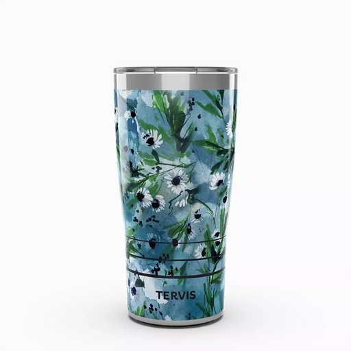 Tervis Kelly Ventura Teal Botanical stainless steel tumbler with slider lid – 20 oz, featuring watercolor floral design in teal, green, and white.