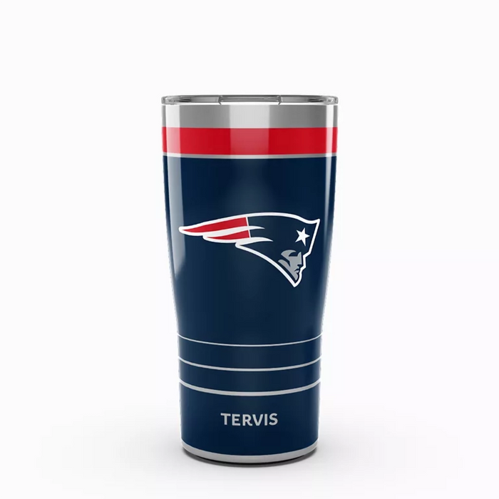 Tervis NFL New England Patriots MVP Tumbler wrap design featuring team logo and Patriots wordmark on navy background with red stripe.