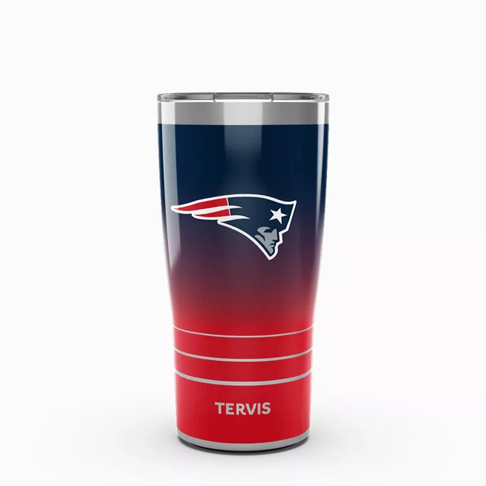 Tervis 20 oz stainless steel tumbler with New England Patriots logo and red to navy ombre gradient design with slider lid