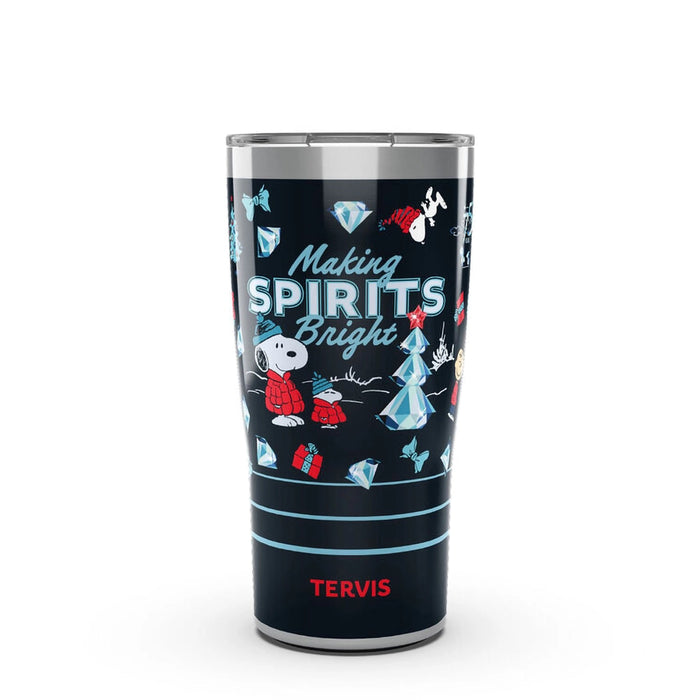 Front view of Tervis Peanuts Holiday Tumbler with Snoopy and “Making Spirits Bright” text.