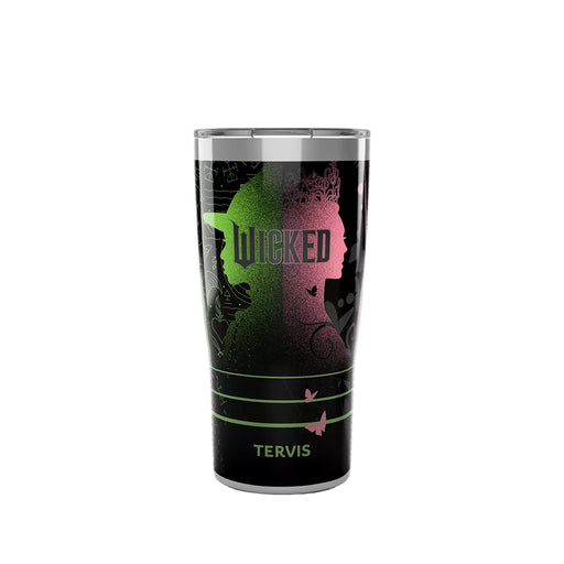 Tervis Wicked Tumbler featuring silhouettes of Elphaba and Glinda with green and pink gradient design.