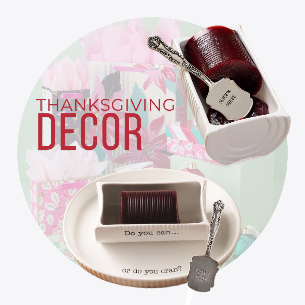 Decorative Thanksgiving set with Mud Pie Cranberry Dish and floral packaging background
