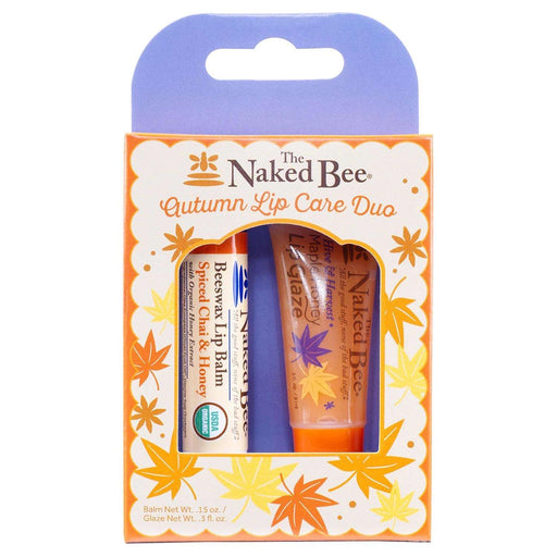 The Naked Bee Autumn Lip Care Duo with beeswax lip balm and honey glaze in fall-themed packaging