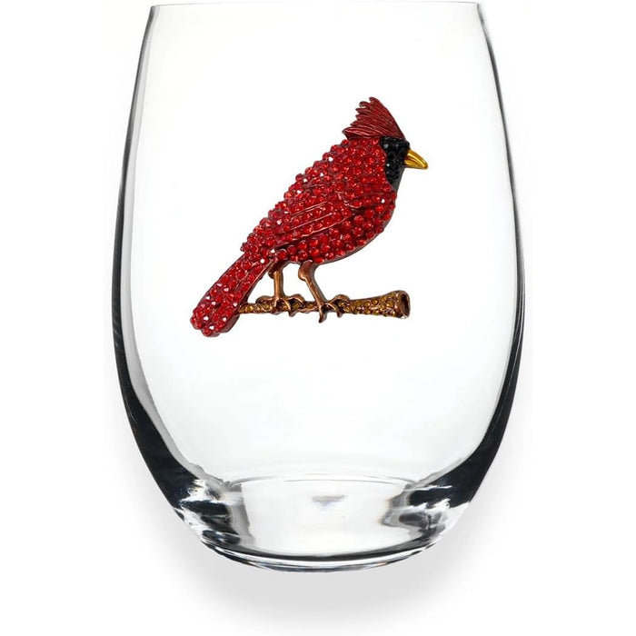 Stemless wine glass with jeweled red cardinal perched on a branch from The Queens' Jewels.