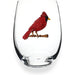 Stemless wine glass with jeweled red cardinal perched on a branch from The Queens' Jewels.