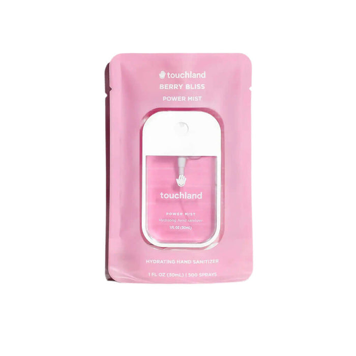 Pink packaging of touchland Berry Bliss Power Mist on a white background