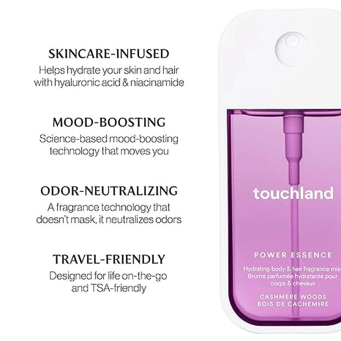 Purple bottle of touchland cashmere woods body mist power essence with text highlighting scent notes in a white background