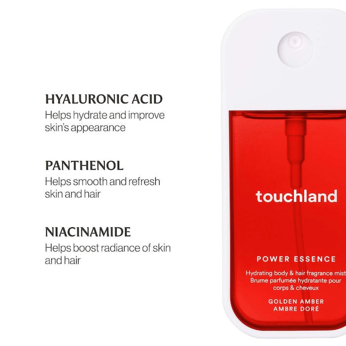 Touchland Power Essence Golden Amber with hyaluronic acid, panthenol, and niacinamide for skin and hair hydration.