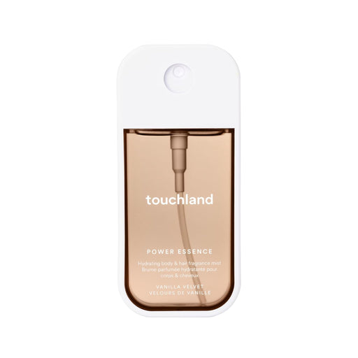 Touchland Vanilla Velvet Power Essence hydrating body & hair mist in sleek white and beige case.