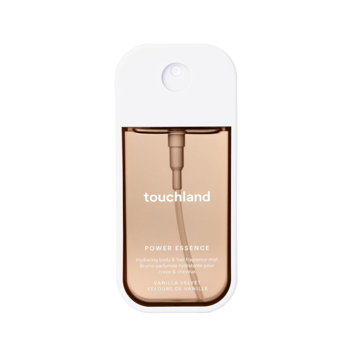 Touchland Vanilla Velvet Power Essence hydrating body & hair mist in sleek white and beige case.