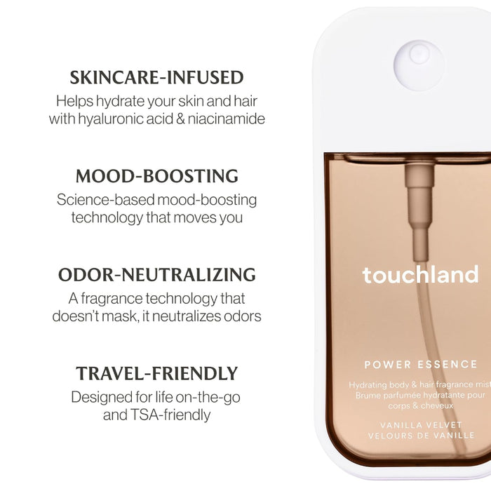 Touchland Power Essence Vanilla Velvet with hyaluronic acid and niacinamide for hydrated skin and hair.