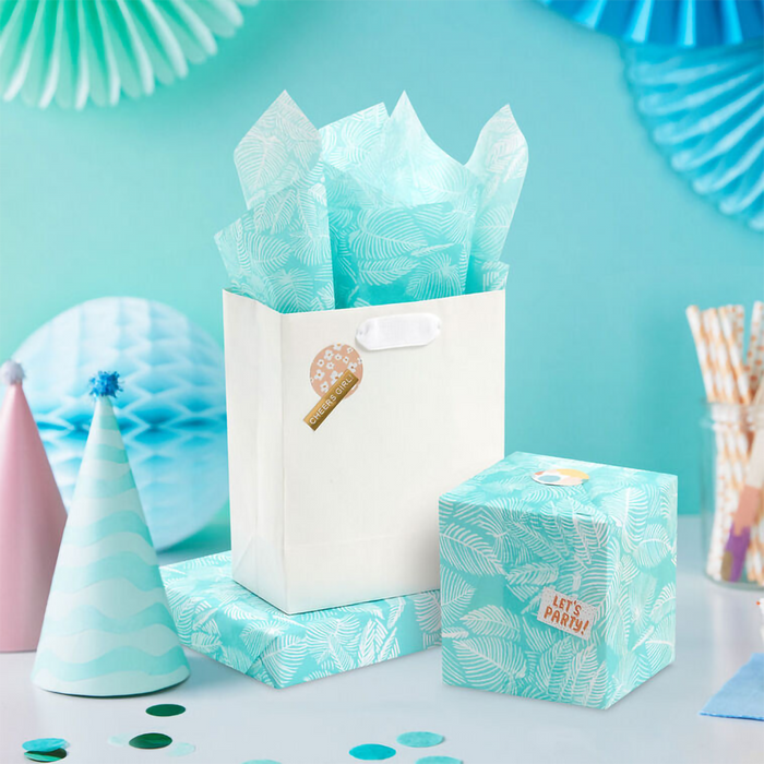 Hallmark : Tropical Leaves on Aqua Tissue Paper With Gift Tag Stickers, 6 sheets