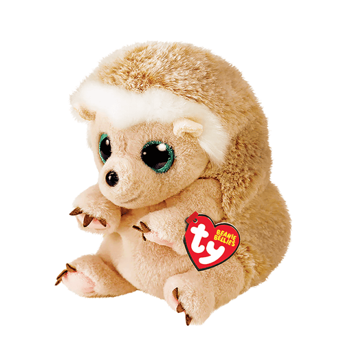 Ty Beanie Bellies Bumper plush toy – a soft, round beige and brown hedgehog with fuzzy textured fur, large sparkly green eyes, tiny paws, and a red heart-shaped Ty tag.