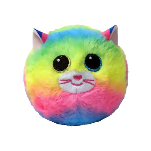 Ty Beanie Bouncers Gemma plush toy – a round, multicolored rainbow cat ball with large sparkly black eyes, pink embroidered nose and mouth, and small pointed ears with blue and pink accents.
