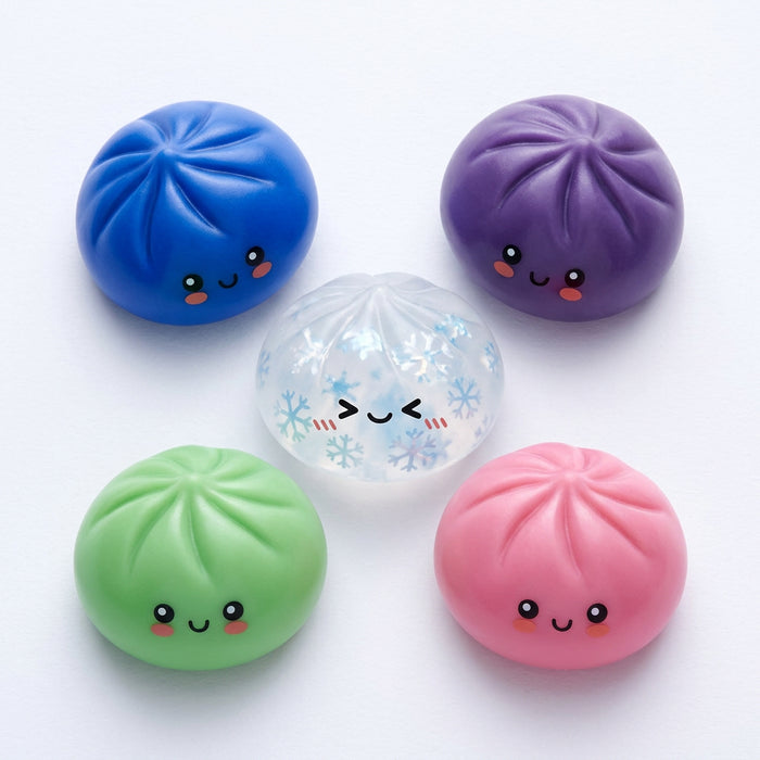 RMS Mystery Dumpling Snowflake Edition Squishy in light blue packaging showing six colorful dumpling characters.