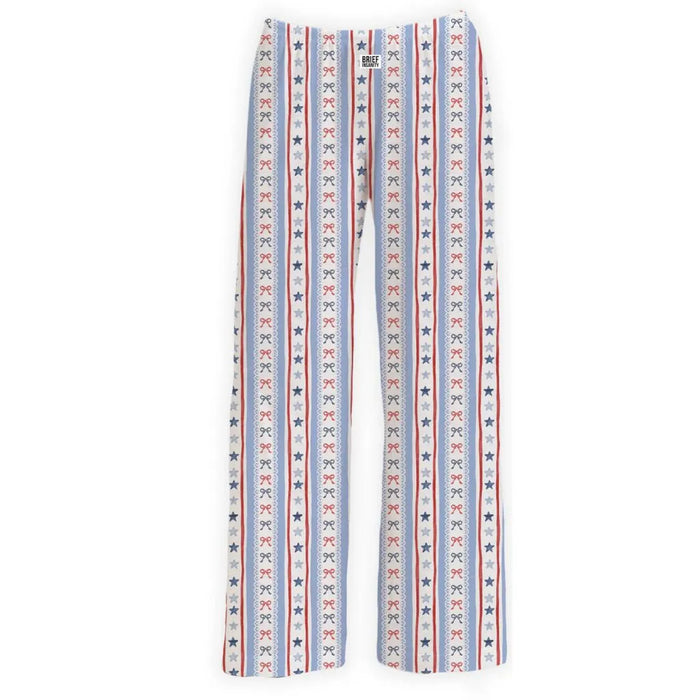 Brief Insanity USA Bows & Stars Lounge Pants featuring a patriotic red, white, and blue stars-and-bows print, soft stretch fabric, and a comfortable unisex fit.