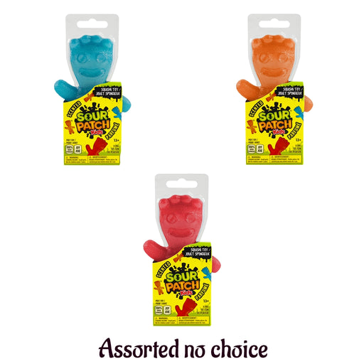 Three Sour Patch Kids toys in blue, orange, and red packaging on a white background.