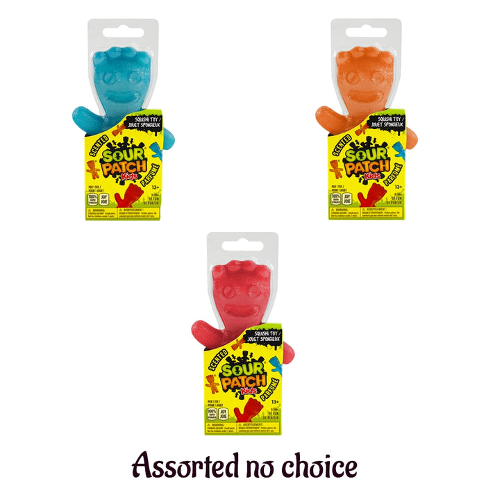 Three Sour Patch Kids toys in blue, orange, and red packaging on a white background.