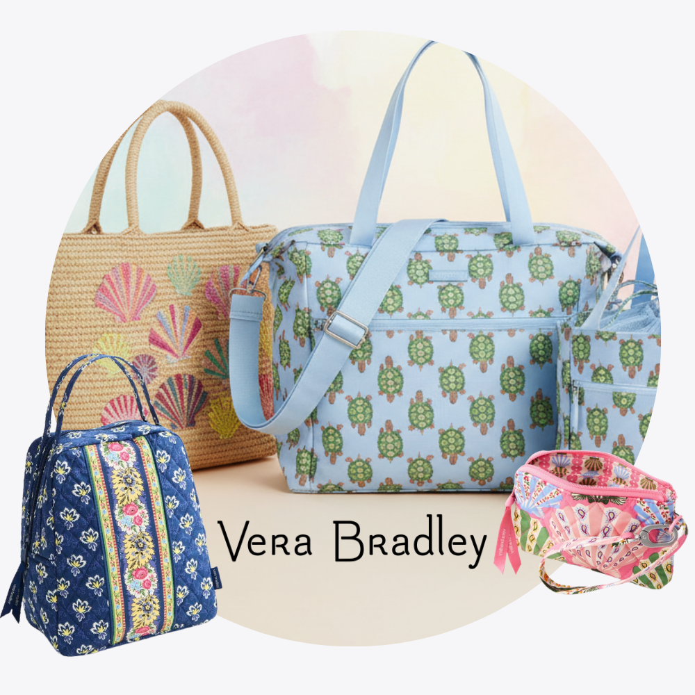 Vera Bradley collection featuring quilted tote bags, backpacks, and duffel bags in solid colors and signature floral patterns, with a smiling woman wearing a light blue quilted backpack. Text reads 'Self-Expression at its best – Vera Bradley'.