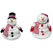 Two snowman figurines with red and white striped scarves on a white background includes one at random 