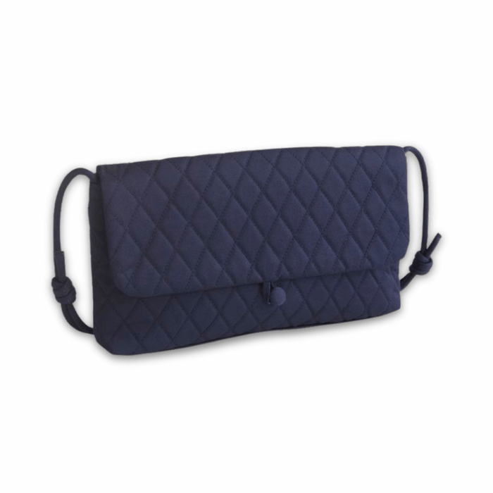 Front view of Vera Bradley Andover Shoulder Bag in Peacoat featuring quilted flap closure and elegant button detail.