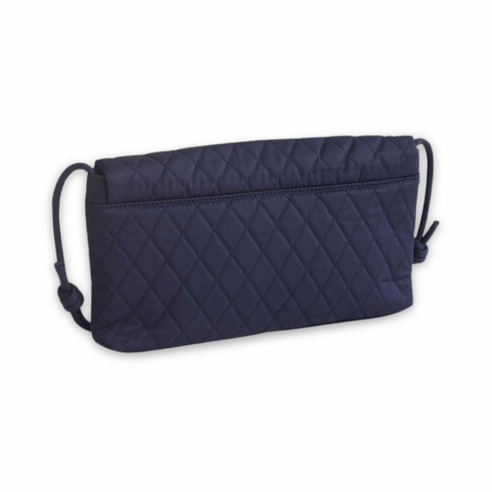 Back view of Vera Bradley Andover Shoulder Bag in Peacoat premium quilted cotton with diamond stitch design and knot detail straps.