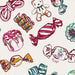 Close-up of Vera Bradley Bouquet No. 6 fabric design with illustrated candies, ribbons, and teddy bears in vibrant colors.