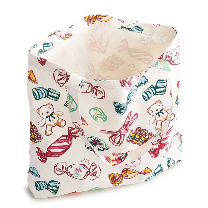 Top view of Vera Bradley Bouquet No. 6 Woodlark Tote Bag showing spacious interior and playful candy pattern.