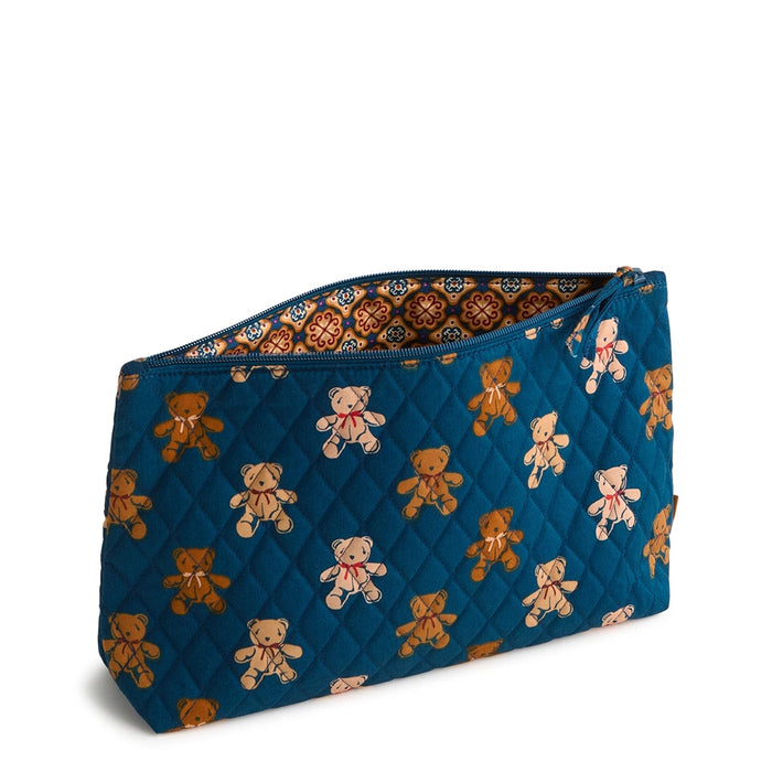 Vera Bradley Bunch of Bears Large Pouch side view with zipper partially open showing interior lining.
