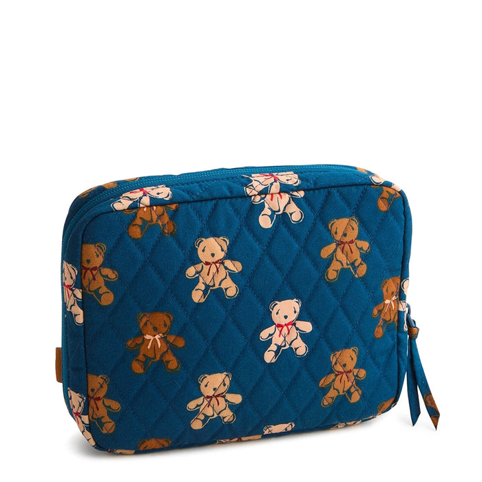 Quilted Vera Bradley cord organizer in Bunch of Bears pattern featuring teddy bears on a blue background, front view with zipper closure.