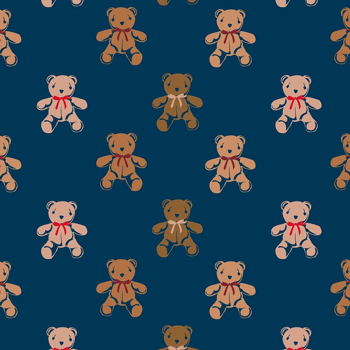 Close-up swatch of the Vera Bradley Bunch of Bears pattern with teddy bears wearing bow ties on a navy blue background.
