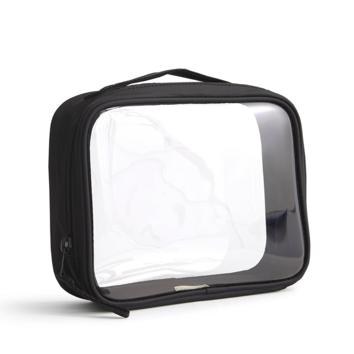 Vera Bradley Clear Cosmetic Bag in Moonless Night with black textured polyurethane trim and transparent front panel