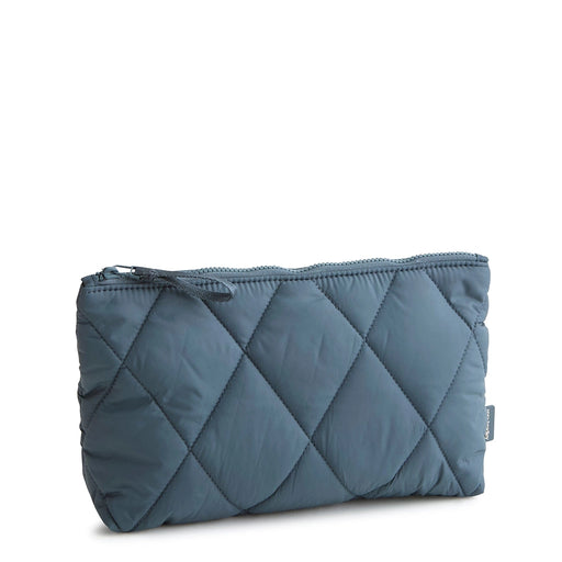 Front view of Vera Bradley Medium Pouch in Dark Slate featuring quilted diamond stitching and zip closure.