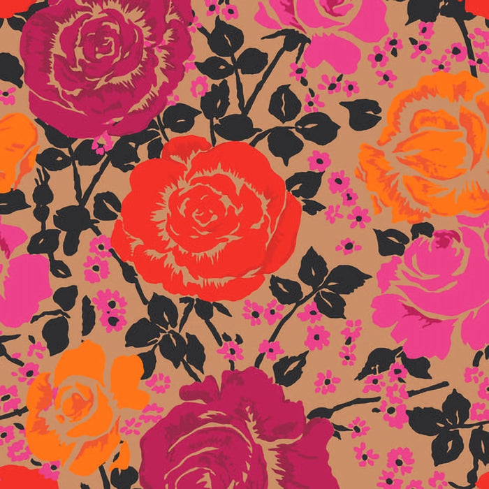 Close-up swatch of Vera Bradley Coming Up Roses pattern with large colorful roses and black leafy accents.