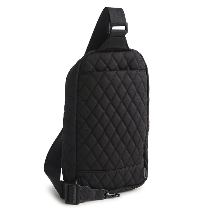 Back view of Vera Bradley Lorman Sling Backpack in Moonless Night showing adjustable black strap and sleek quilting.
