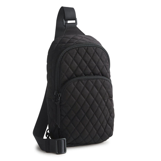 Front view of Vera Bradley Lorman Sling Backpack in Moonless Night showing quilted black diamond design with two zip compartments.