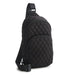 Front view of Vera Bradley Lorman Sling Backpack in Moonless Night showing quilted black diamond design with two zip compartments.