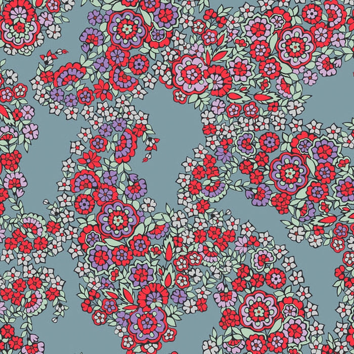 Close-up swatch of Vera Bradley Paisley Bouquet fabric showing red, pink, and lavender flowers with green leaves.