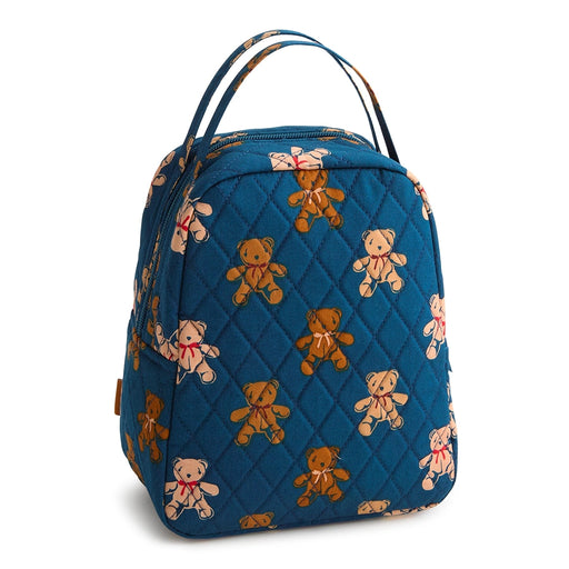 A quilted Vera Bradley lunch bag in the Bunch of Bears pattern, featuring teddy bears in shades of brown and beige with red and tan bows on a deep blue background. The bag has two top handles and a zippered closure.
