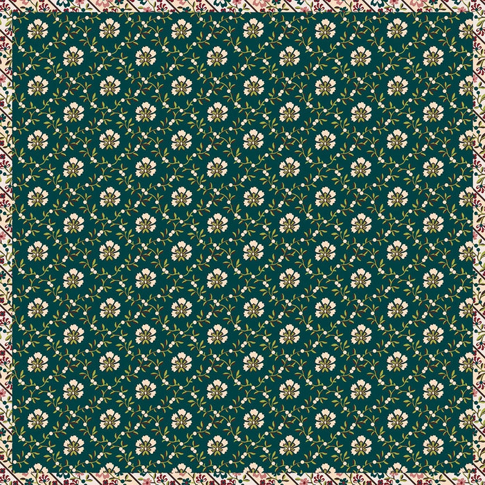 Close-up of Mistletoe Lattice pattern with cream flowers and vine detailing on deep green background.